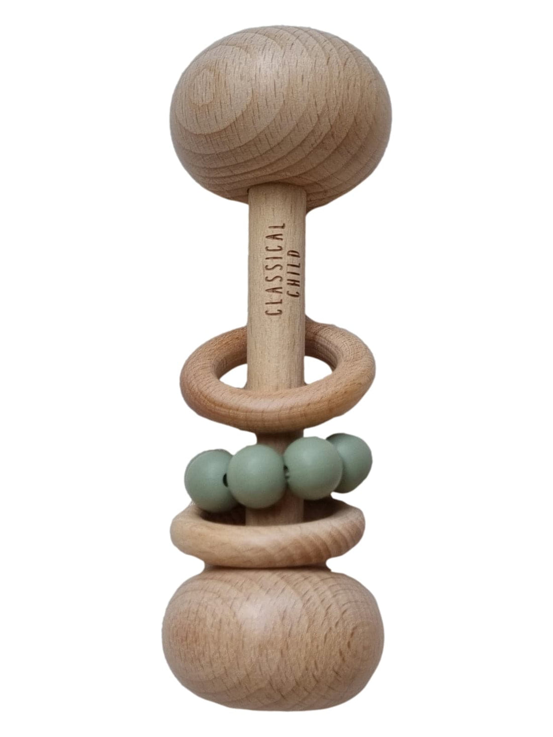 BEECH & SILICONE RATTLE, SAGE GREEN - Norman & Jules